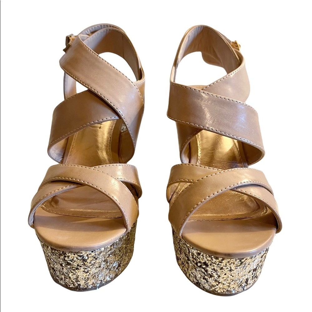 Material Girl “MWORSHIPPP” Sandals With Glitter Wedge 5 Inch Heel | 9M
